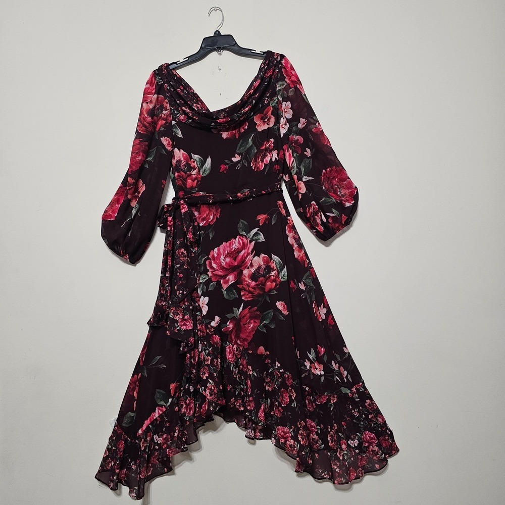 Alex Marie Dress 8/Medium Burgundy Midi Long Sleeve Cowl Neck Faux Wrap 898